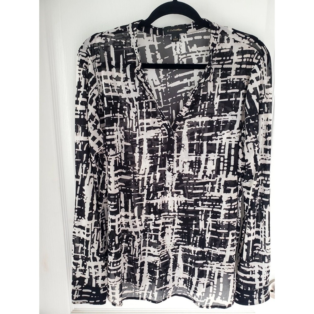 G Collection black and  white Geometric  Long Sleeve button Top Blouse Size 1X